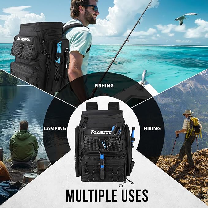 PLUSINNO Fishing Tackle Backpack with Rod Holders，42L Water-resistant Fishing Bag Store Fishing Gear,Fishing Gifts For Men.