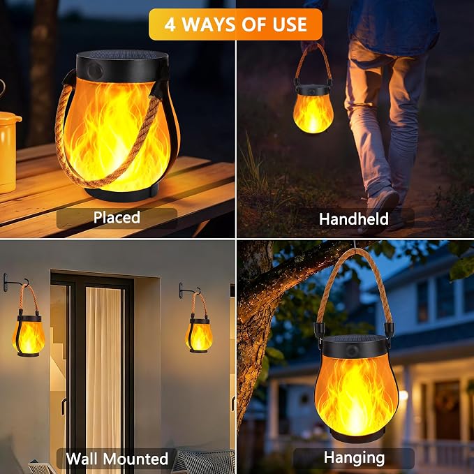 Toodour Solar Lanterns Outdoor Lights, 2 Pack Waterproof Flickering Flame Hanging Lanterns with 2 Modes, Dual Charging USB/Solar Solar Lights for Camping Patio Garden Yard Porch Deck Outdoor Decor