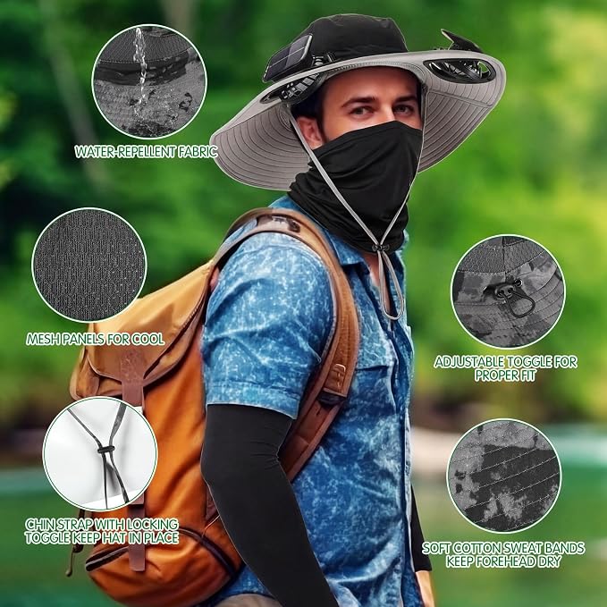 Syhood Solar Powered Fan Hat Neck Gaiter Arm Sleeves Sun Bucket Hat with Fan Cooling Wide Brim Hats for Fishing Hiking