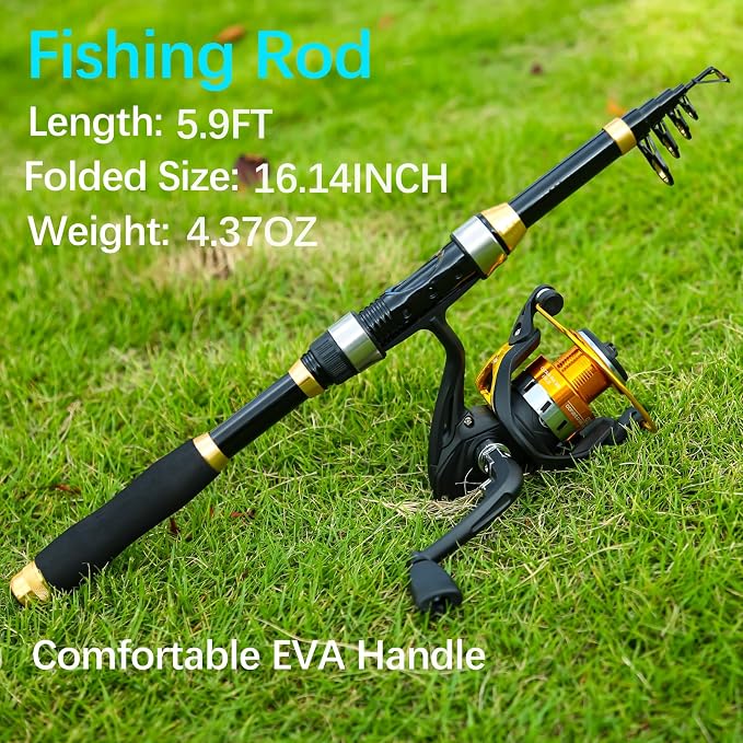 Yoilrey Fishing Rod and Reel Combo – 5.9ft Telescopic Fishing Pole Starter Kit with Spinning Reel, Fishing Line, Lure Box & Tackle Bag for Travel