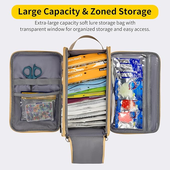 THKFISH Fishing Soft Plastic Bait Storage, Water-Resistant Extra-Large Clear Sleeves Tackle Bait Bag Storage For Lure Hooks, Sinkers & Fishing Accessories (Khaki)