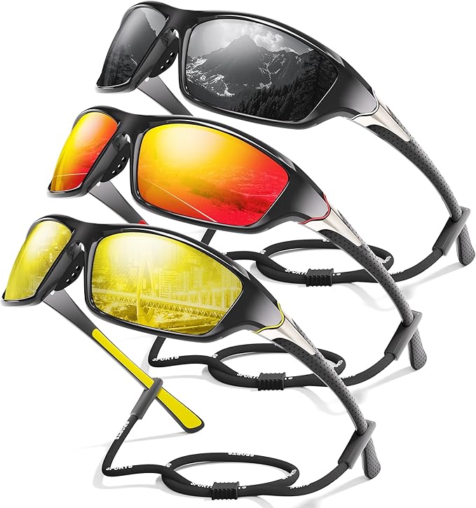 3 Pack Polarized Sports Sunglasses for Men, Mens Sunglasses Wrap Around UV Protection for Cycling Fishing Driving