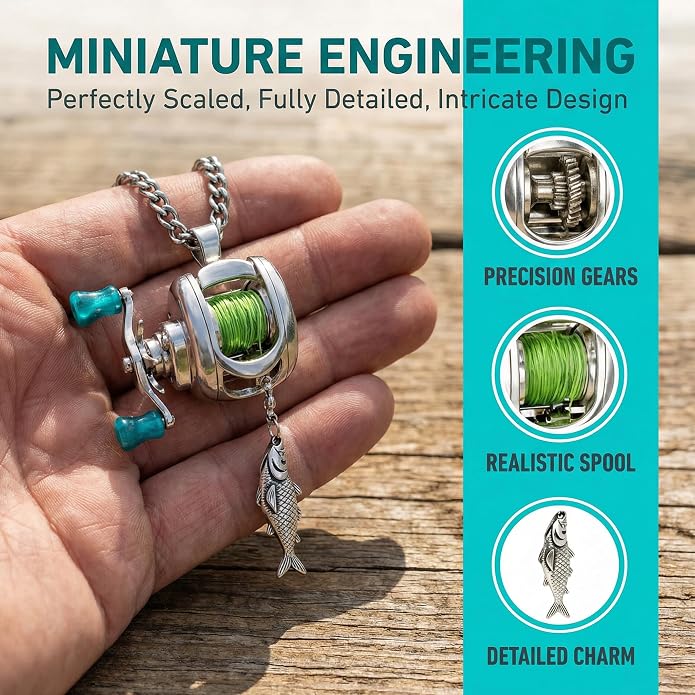 Fishing Reel Necklace, Mini Fishing Reel Necklace with Rotating Handle & Moving Line Guide, Unique Fishing Gear Keychain Spinning Reel Key Holder
