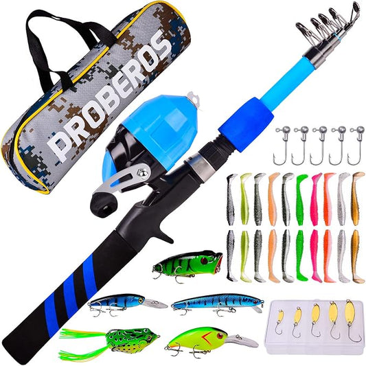 PROBEROS Kids Fishing Pole - Portable Telescopic Fishing Rod and Reel Combo Kit - Spincast Fishing Reel Casting Rods with Lures Lines Tackle Box and Bag for Boys Girls Youth Fishing
