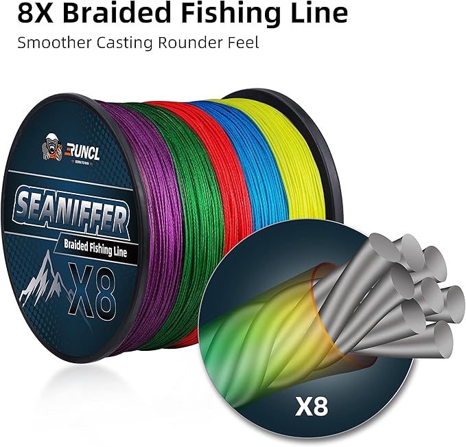 RUNCL Braided Fishing Line X8, Pro Grade Tournament PE Line for Fresh/Saltwater, Abrasion Resistant, No Stretch, Hi Vis Multi-Color Measure Line, 328/546/1093 Yards, 8-200 lb, Christmas Fishing Gifts