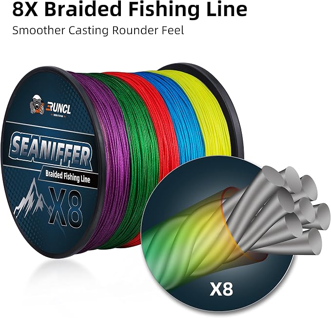 RUNCL Braided Fishing Line X8, Pro Grade Tournament PE Line for Fresh/Saltwater, Abrasion Resistant, No Stretch, Hi Vis Multi-Color Measure Line, 328/546/1093 Yards, 8-200 lb, Christmas Fishing Gifts