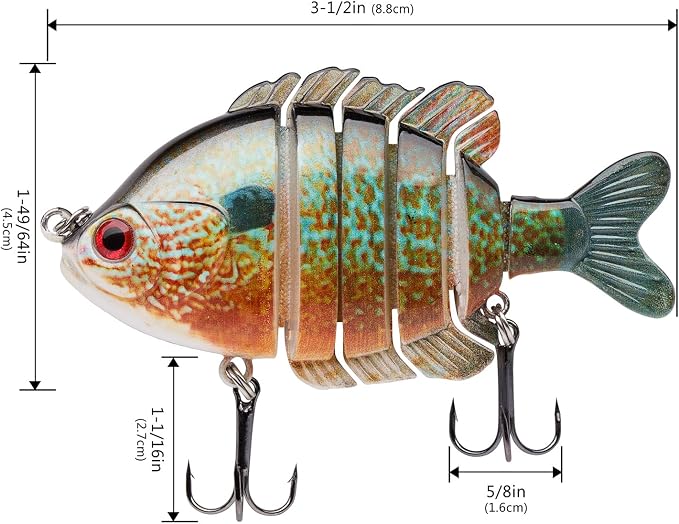 BASSDASH SwimPanfish Multi Jointed Panfish Bluegill Swimbaits Hard Topwater Bass Lures Fishing Lure Crank Saltwater 3.5in/0.85oz,Pack of 4