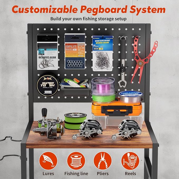 XOOL Fishing Rod Storage Rack for Garage, Holds up to 12 Rods, Heavy Duty Fishing Gear Organizer with Pegboard, 3-Tier Metal Stand with Shelves, Hooks & Accessory Storage