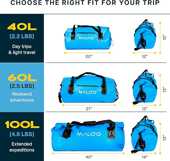 Malo’o Waterproof Dry Duffel, Heavy-Duty Roll Top Waterproof Gear Bag with Shoulder Strap & Molle Loops, Marine Duffel for Kayaking, Boating, Camping, Beach & Travel, Blue, 60L