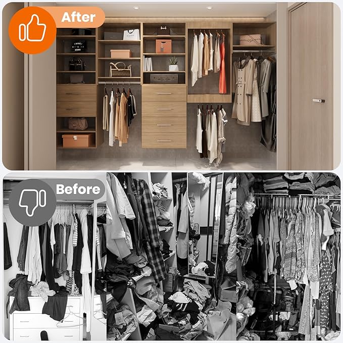 ROOMTEC Modular Closet System, 64" Wall Mounted Closet Organizer with Hanging Rods and Shoe Shelf, Wooden Tower for Walk-In Closets, Wardrobe Storage Kit, Wood