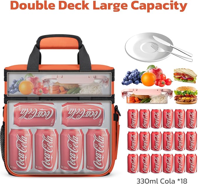 Maelstrom Lunch Box, 20L Insulated Lunch Bag for Men Women, Expandable Double Deck Leakproof Cooler Bag with 6 Pockets, Reusable Lunch Tote Bag for Work, Picnic, Travel, Orange