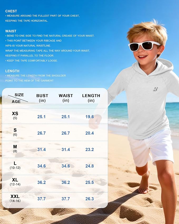 Roadbox Boys Rash Guard Hooded Fishing Shirt, Kids UPF 50+ Long Sleeve Sun Hoodie, Youth UV Protection Beach Swim Shirts
