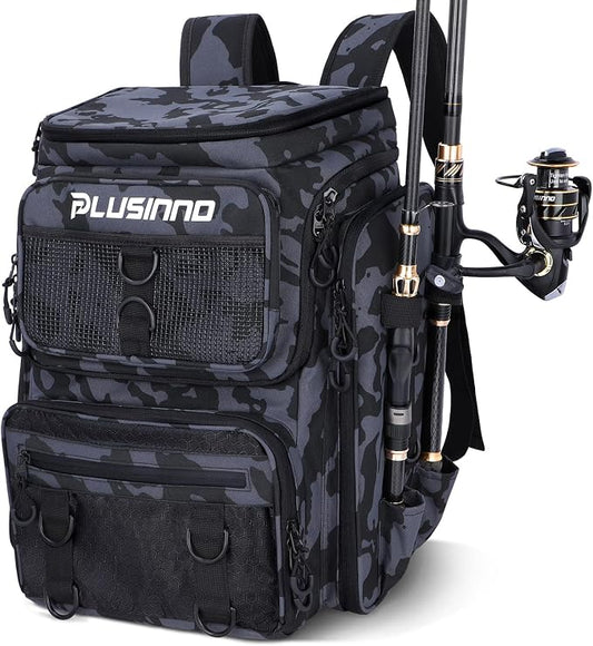 PLUSINNO Fishing Tackle Backpack with Rod Holders，42L Water-resistant Fishing Bag Store Fishing Gear, Fisher Gifts For Men.