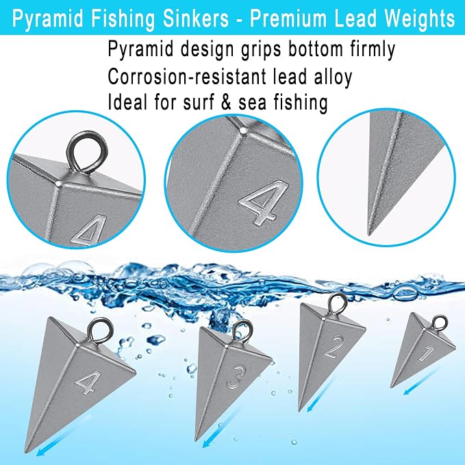 Pyramid Sinkers for Surf & Saltwater Fishing Weights - Durable Lead Fishing Sinkers, 1oz,2oz,3oz,4oz,5oz,6oz,8oz, Assortment Packs.
