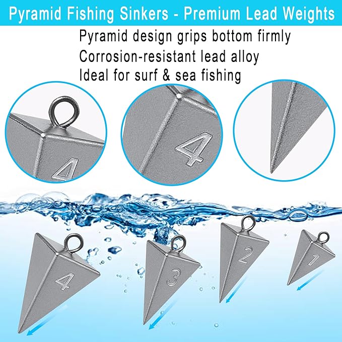 Pyramid Sinkers for Surf & Saltwater Fishing Weights - Durable Lead Fishing Sinkers, 1oz,2oz,3oz,4oz,5oz,6oz,8oz, Assortment Packs.