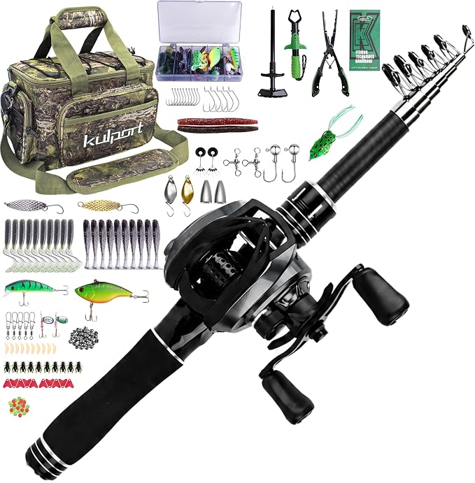 Fishing Kit with DC Digital Control Baitcasting Reel, Carbon Fiber Rod, Tackle Box and Fish Handling Tools | Portable Backpack Combo for Freshwater- Right