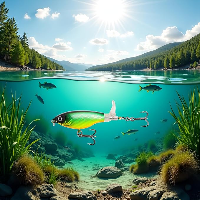 Topwater Fishing Lures Bass with Floating Tractor Rotating Tail Barb Treble Hooks Artificial Hard Bait Swimbait Lures Surface Crankbait for Bass Trout Walleye Pike Musky Fishing Topwater