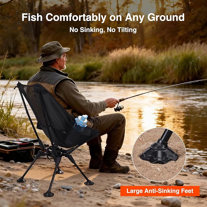 Trakiom 360° Swivel Folding Camping Chairs, Compact and Portable Chair for Outdoor Camp, Foldable Chairs with Anti-Sinking Large Feet for Travel, Beach, Picnic, Sports, Fishing Support 300 LBS(Black)