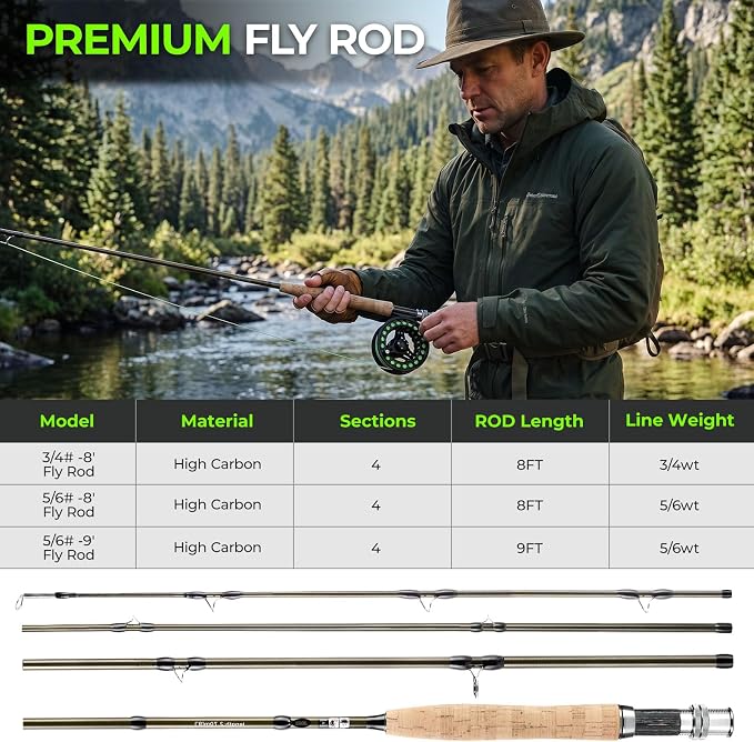 TOPFORT Fly Fishing Rod and Reel Combo, 4-Piece Fly Rod Kit with Complete Fly Fishing Gear: Fly Rod, Pre-Spooled Fly Fishing Reel, Fishing Flies, Leader, Forceps, Nipper and Carrying Case