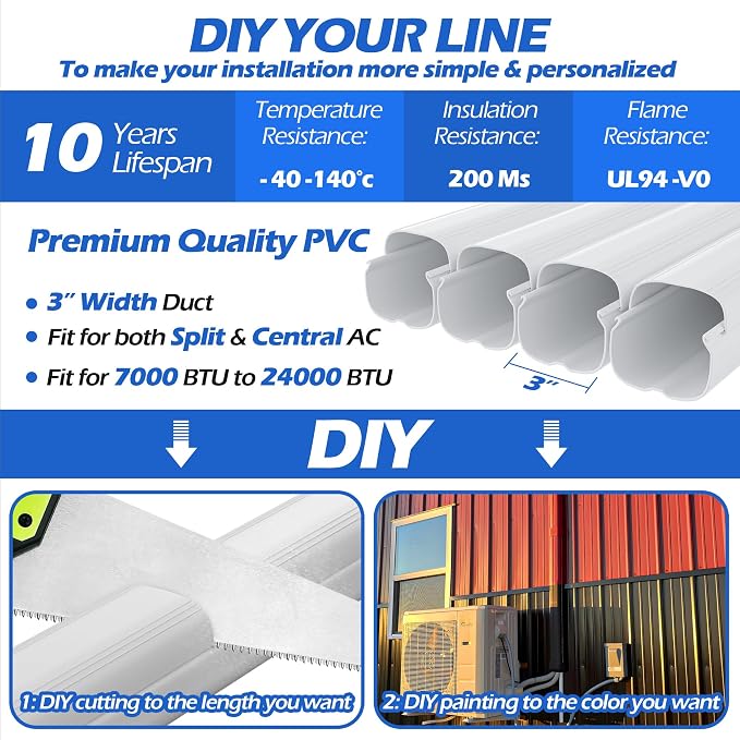 Mini-split Line Set Cover: 3'' 17 Ft Line Hide for Mini Split Air Conditioner Central AC HVAC - Waterproof Decorative Pipe Cover for Outdoor