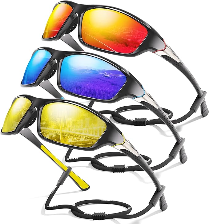 3 Pack Polarized Sports Sunglasses for Men, Mens Sunglasses Wrap Around UV Protection for Cycling Fishing Driving