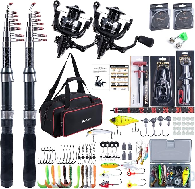 Goture Fishing Rod and Reel Combos-2PCS Telescopic Fishing Pole+2PCS Spinning Reels with Carrier Bag,1.8M-2.7M Telescopic Rod Reel Kit for Starter Travel Saltwater Freshwater,Gifts for Men