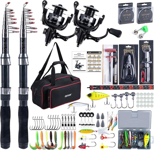 Goture Fishing Rod and Reel Combos-2PCS Telescopic Fishing Pole+2PCS Spinning Reels with Carrier Bag,1.8M-2.7M Telescopic Rod Reel Kit for Starter Travel Saltwater Freshwater,Gifts for Men