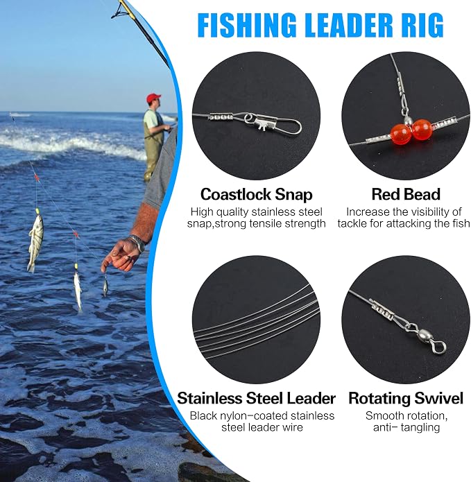 Fishing Leaders Saltwater Tackle Surf Fishing Rigs High Strength Steel Fishing Wire Leaders with Swivel Snaps Beads Gear Equipment for Lures Bait Hooks, 1Arm 2Arms & 3Arms