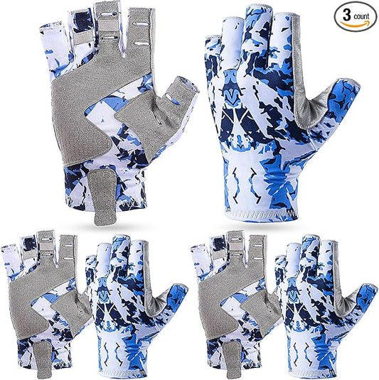 Unittype 3 Pairs Fishing Gloves, UPF50 Fingerless Sun Protection Gloves for Outdoor Fishing, Breathable Non-Slip Grip, Sky Blue