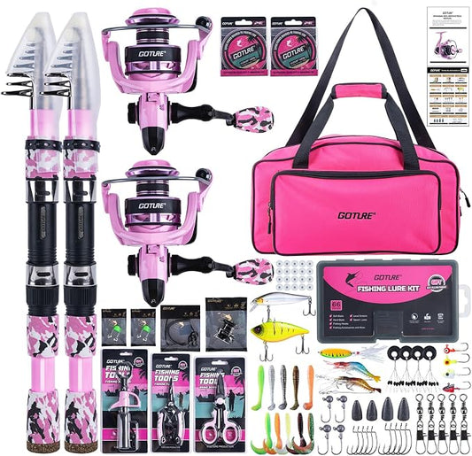Goture Pink Fishing Rod and Reel Combo - ML Action Spinning Reel Pole with Pink Bag - Telescopic Rod Kit for Starter Travel Saltwater Freshwater, Gift for Woman