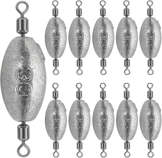 Fishing Weights Sinkers Inline Trolling Fishing Sinkers Egg sinkers with Inner Swivels Oval Drop Lead Fishing Weights for Saltwater Freshwater Fishing