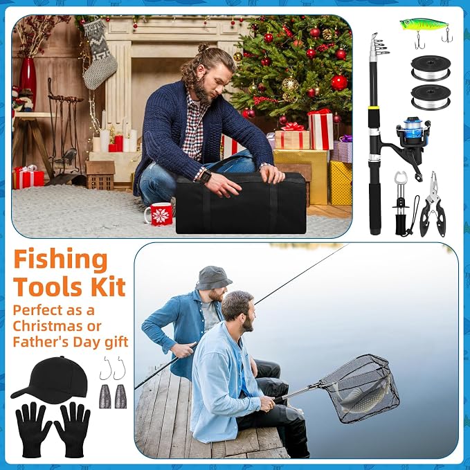 Telescopic Fishing Rod and Reel Combo 2 Pcs Collapsible Fishing Pole Kit with Plier Lip Gripper Lures Carrier Bag Pre-Loaded Spinning Reel for Beginner Men Travel Saltwater Freshwater