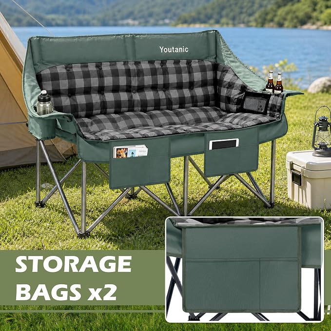 Youtanic 60" Extra Double Camping Chair, 700lbs Heavy Duty Padded Loveseat for Adults, Oversized 2 Person Folding Camp Couch with Dual Cup Holders, Portable Plaid Lawn Chair for Outside, Sports, Gray