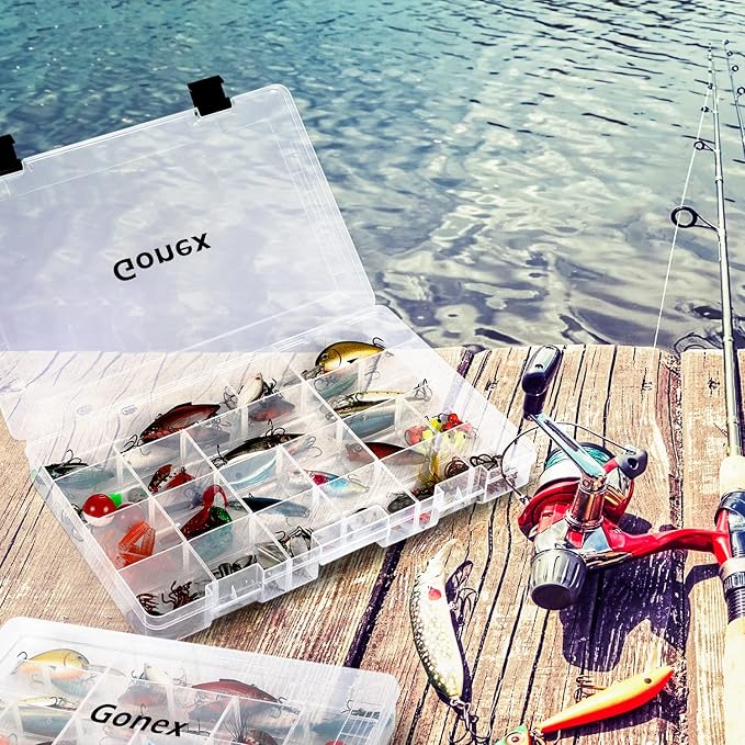 Gonex Fishing Tackle Boxes, 3600 3700 Tackle Trays with Adjustable Dividers, Clear Plastic Tackle Box Organizer Storage for Fishing Lure Bait Hook Jewelry Craft Beads Earring Container, 3 or 4 Packs