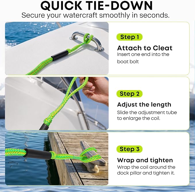 Boat Bungee Dock Lines, Scratch-Free Loop Ends Mooring Rope, Shock Absorbing Pontoon Tie Down Accessories Compatible with Models for Jet Ski（4ft-2 Pack-Green）