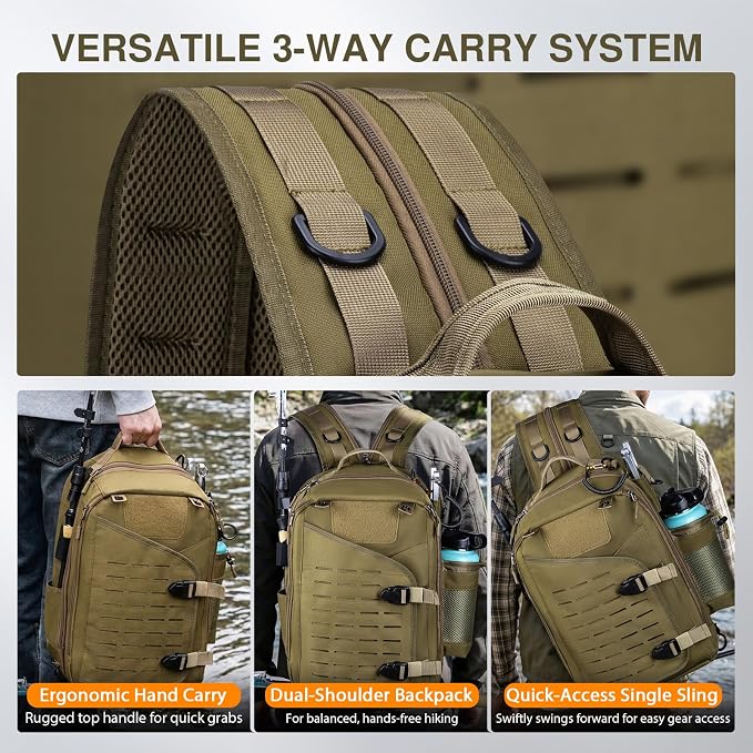 Goture Khaki Tackle Bag with Trays Rod Holder 900D Durable Fishing Tackle Storage Bag for Kayak, Shore Fishing
