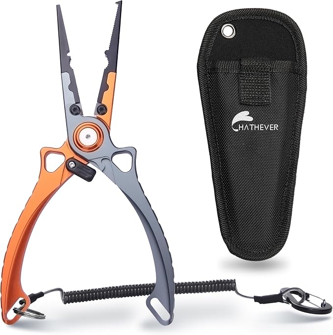 Fishing Pliers Hook Remover, Saltwater Split Ring Pliers with Safety Lock, Fishing Gear with Sheath and Lanyard, Fishing Gifts for Men