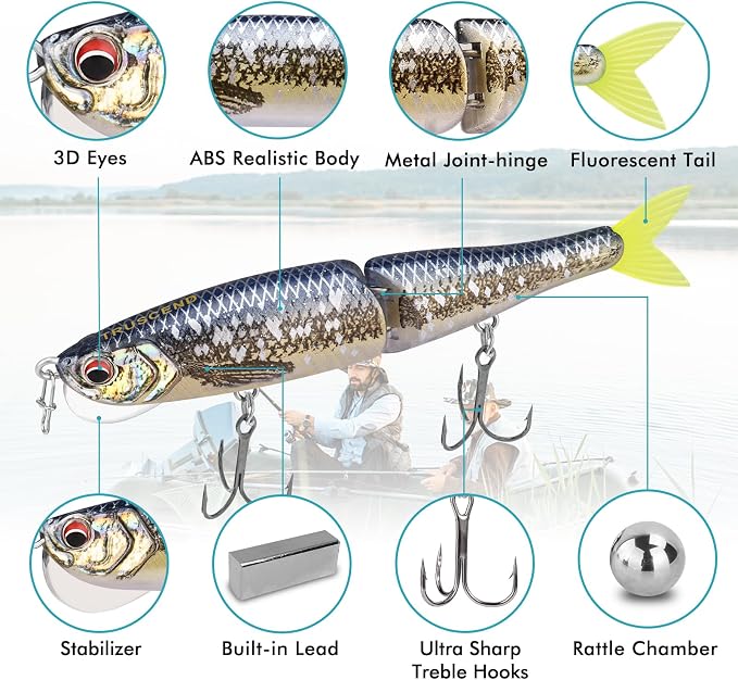 TRUSCEND Swimmax Easy Catch Fishing Lures with BKK Hooks, Wiggling, Vibrating, Rattling and Gurgling for More Bites, Heavy-Duty Dyneema Fiber Jointed Swimbaits for Bass, Trout, Crappie, Walleye, Pike