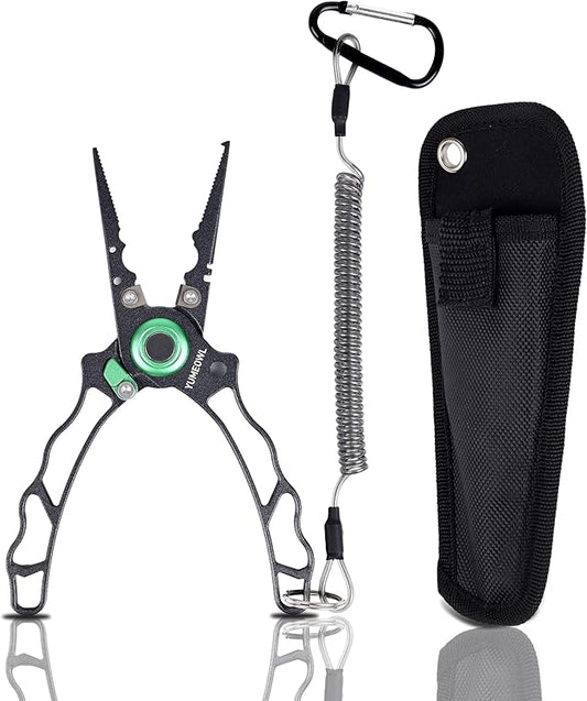 Fishing Pliers with Innovative Ergonomical Handle, Corrosion Saltwater Resistant,Fishing Multitool Hook Remover Braided Fishing Line Cutting, Split Ring with Coiled Lanyard and Sheath