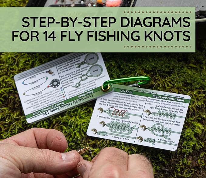 ReferenceReady Fly Fishing Knot Cards: Waterproof Pocket Guide to 14 Essential Fly Fishing Knots with Mini Carabiner Makes Practical and Unique Gift for Fishermen and Women