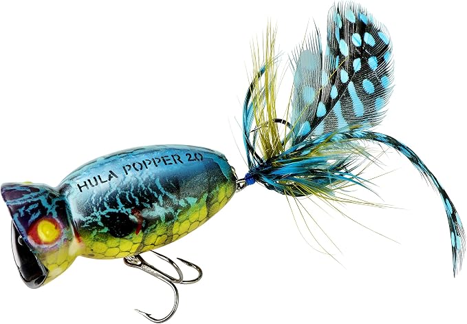 Arbogast Hula Popper 2.0 Topwater Fishing Lure with Feathered Treble Hook and Crackle Pattern Body