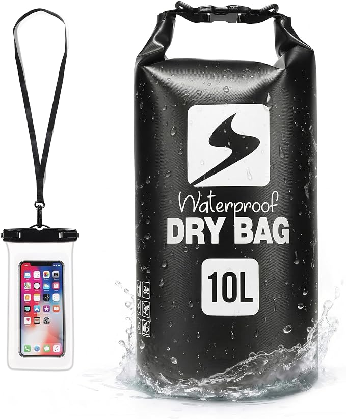 Soulsfeng Waterproof Dry Bag Backpack, Roll Top Floating Dry Storage Bag with Phone Case, Lightweight Dry Sack for Kayaking, Boating, Beach, Travel, Camping 10L, Black