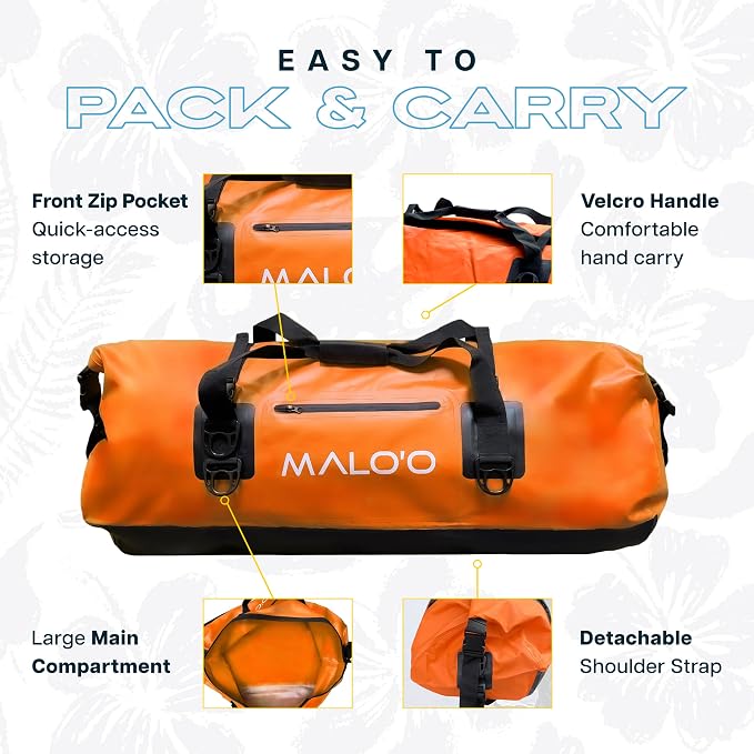 Malo’o Waterproof Dry Duffel, Heavy-Duty Roll Top Waterproof Gear Bag with Shoulder Strap & Molle Loops, Marine Duffel for Kayaking, Boating, Camping, Beach & Travel, Orange, 100L