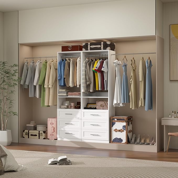 Modular Closet System with 12 Drawers, 8FT Engineered Wood Closet Organizer System for Walk-in Closet, Storage Unit with 8 Extendable Hanging Rods, White (Set of 4)