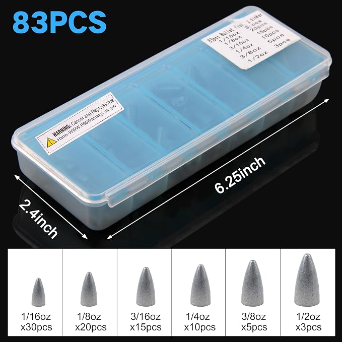 Bullet Fishing Sinkers Weights Slip Sinkers Kit- 29/83Pcs Fishing Worm Weights Assorted Set for Bass Fishing Saltwater
