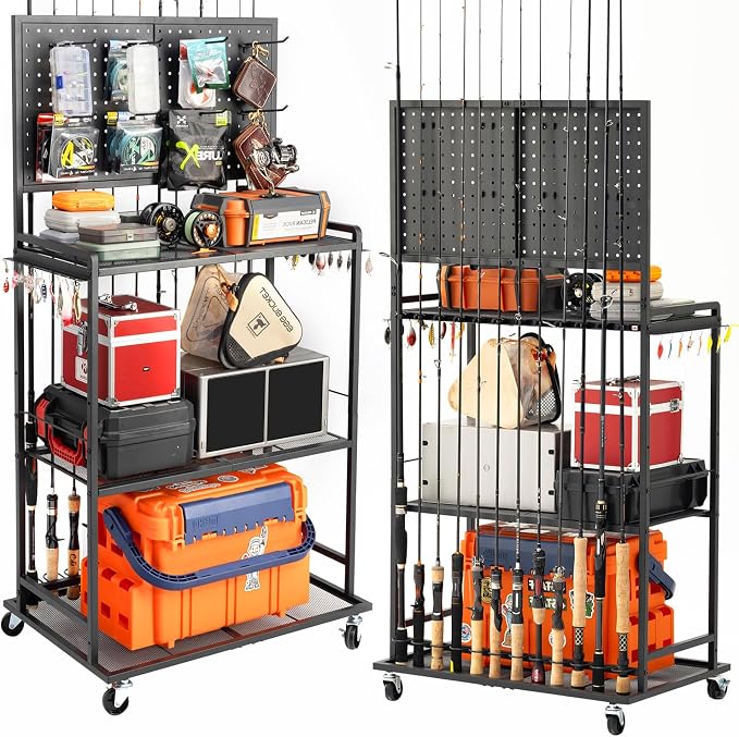 SOYEEZE Large Size Fishing Rod Holders for Garage, 3-Tier Fishing Pole Rack with Pegboard and Hooks, Fishing Gear Tackle Box Organizer Up to 12 Rods, Rolling Fishing Storage Cart with Lockable Wheels