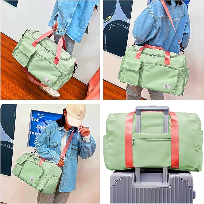 Suruid Travel Duffel Bag with Shoes Compartment Sports Gym Bag with Dry Wet Separated Pocket for Men and Women, Overnight Bag Weekender Bag Training Handbag Yoga Bag - Bright Green Pink