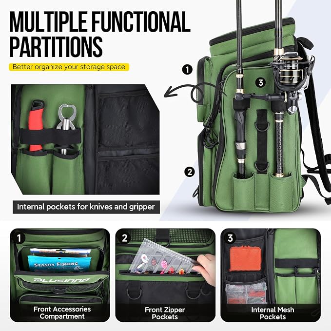 PLUSINNO Fishing Tackle Backpack with Rod Holders，42L Water-resistant Fishing Bag Store Fishing Gear,Fishing Gifts For Men.