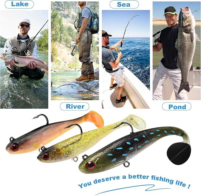 5 Pcs Pre-Rigged Soft Fishing Lures, 3.5In Paddle Tail Jig Heads Swim Bait, Realistic Movement Easy Catch Fishing jigs Lure, Fishing Baits for Freshwater Saltwater Bass Trout Baits