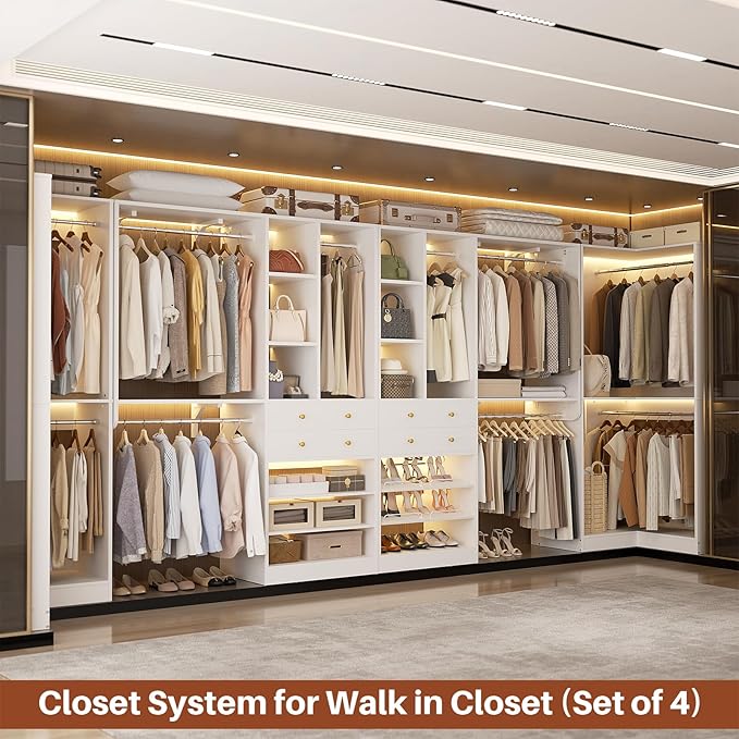 Closet System with 4 Drawers & Corner Tower, Closet Organizer System with 10 Hanging Robs, Reversible U Shaped Walk-in Closet System, Load 3600+LBS Capacity, Set of 4, White